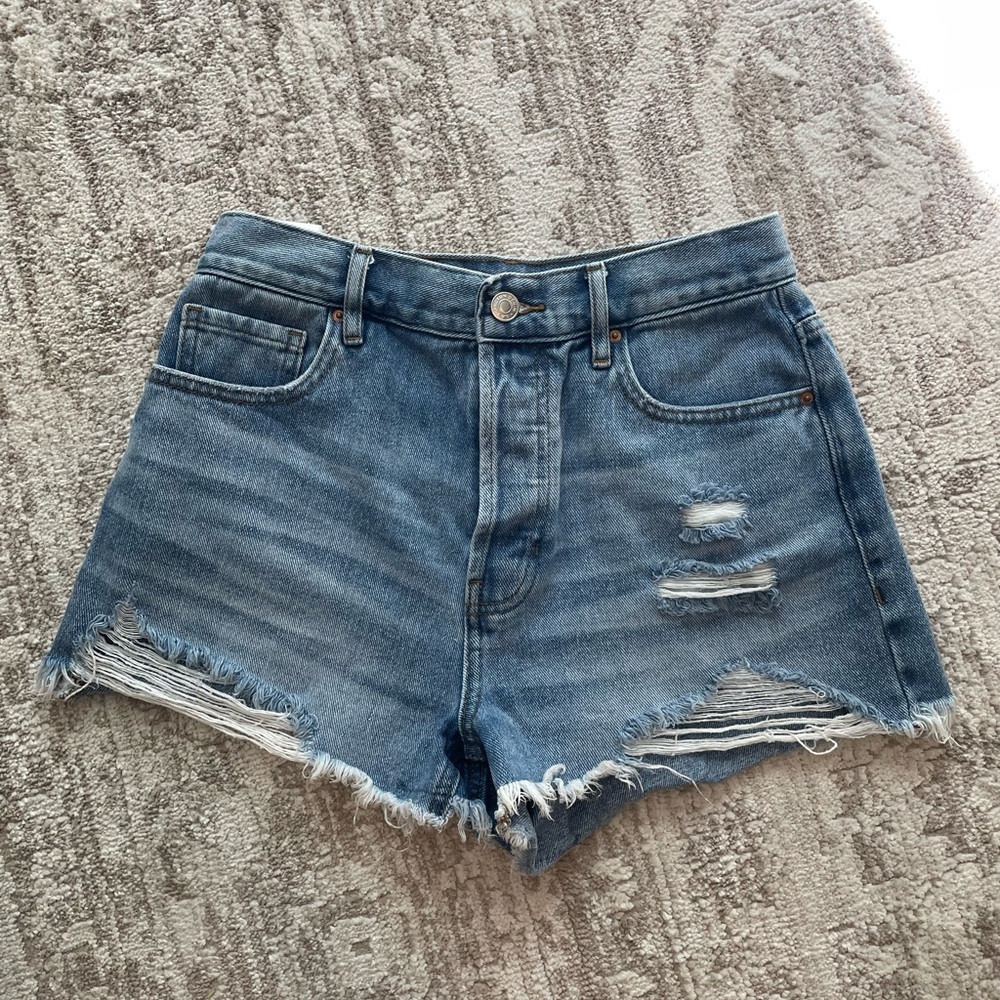High-Rise Distressed Denim Shorts - Blue